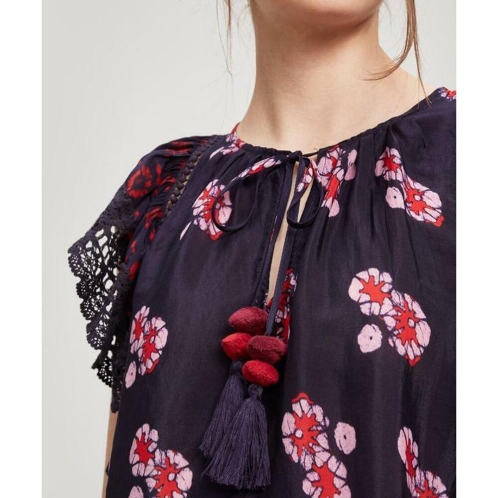 Sea New York Floral Ruffle Sleeve Blouse Navy Red Pom Detail 2 - Picture 6 of 16